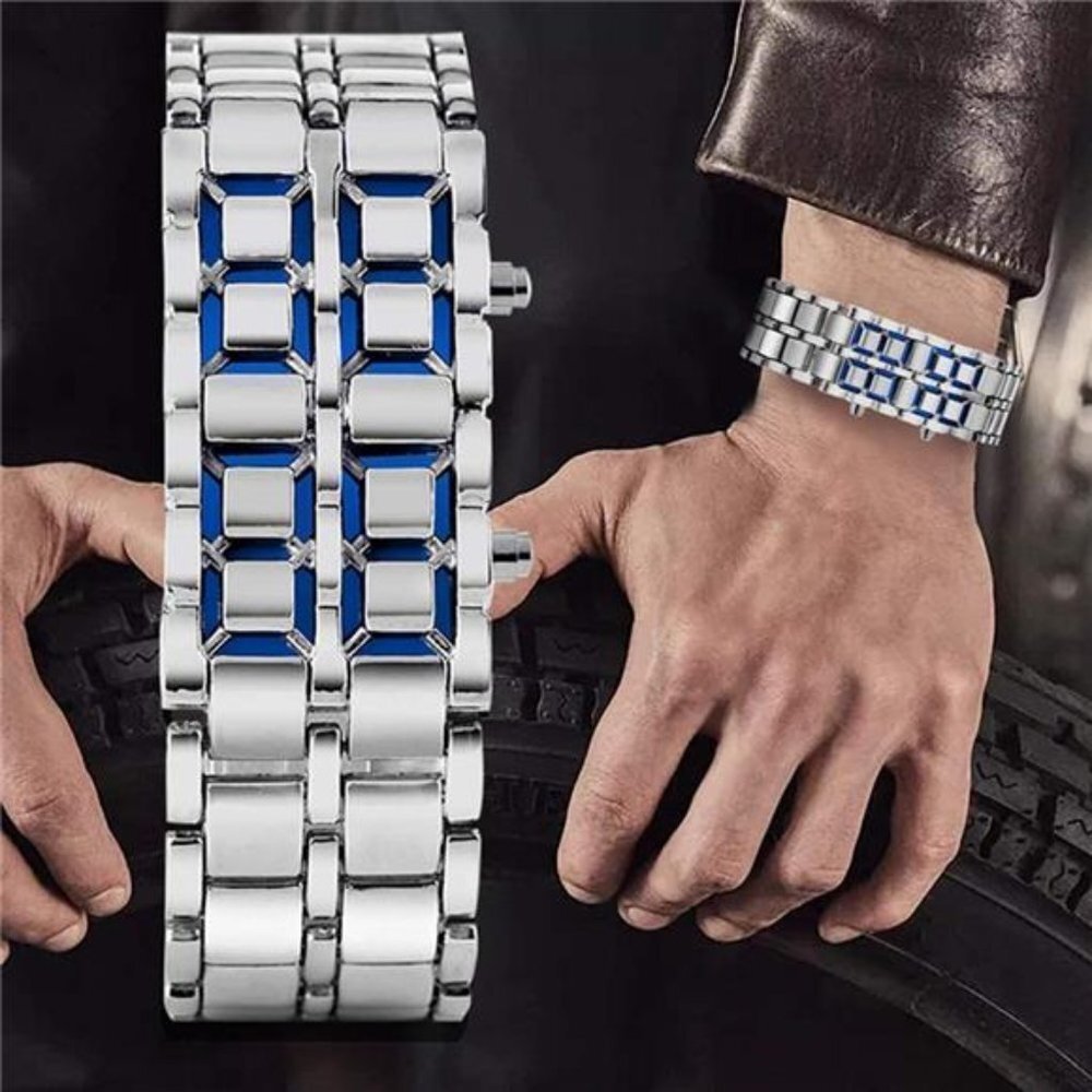 Mens Silver/Blue Digital LED Luxury Watch